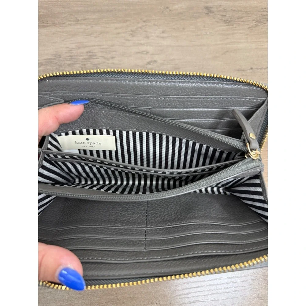 Kate Spade Grey Pebbled Leather Zip Around Continental Wallet Long Clutch